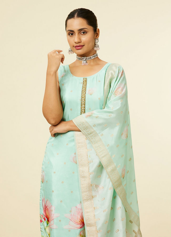 alt message - Mohey Women Sea Green Floral Printed Stitched Suit image number 1